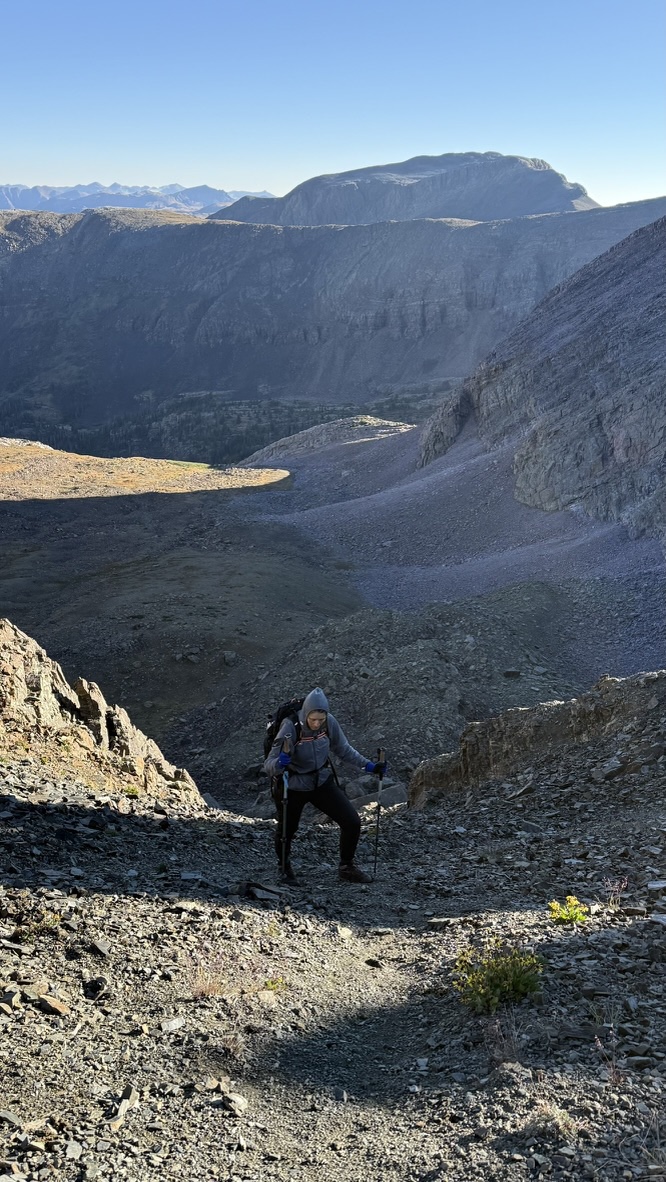 Maya climbing up the gully towards Trinity Ridge