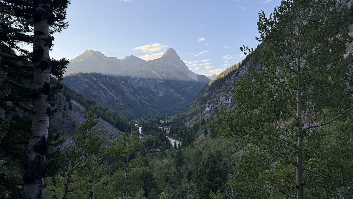 Looking back at mountains we climbed Animas River in foreground
